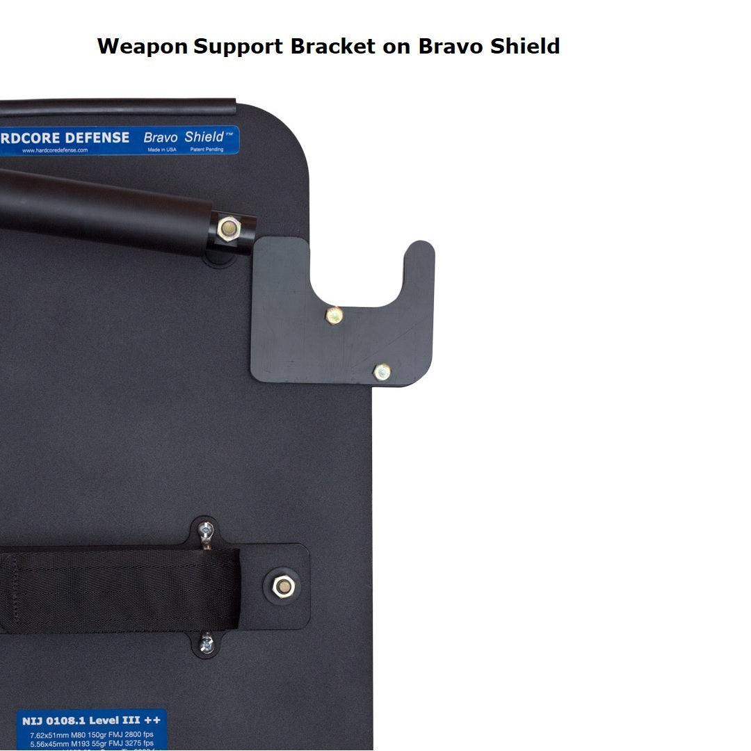 Ballistic shield weapon support bracket accessory